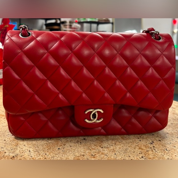 Authentic CHANEL Red Leather Jumbo Double Flap Bag Purse Silver Hardware RARE! - Picture 2 of 16